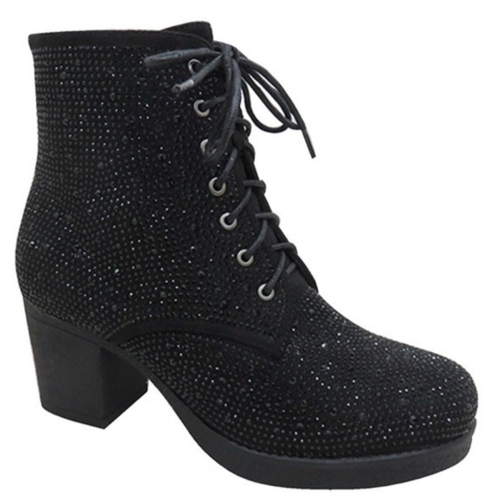 1 Left! Italina Tan Lace-Up Gold Rhinestone Embellished Heeled Combat Bootie - Picture 5 of 5